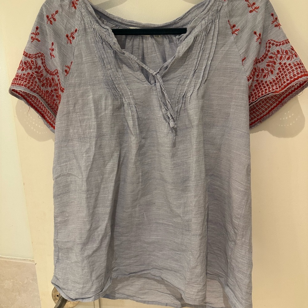 dylan Light Blue Peasant Tunic with Red Embroidered Sleeves